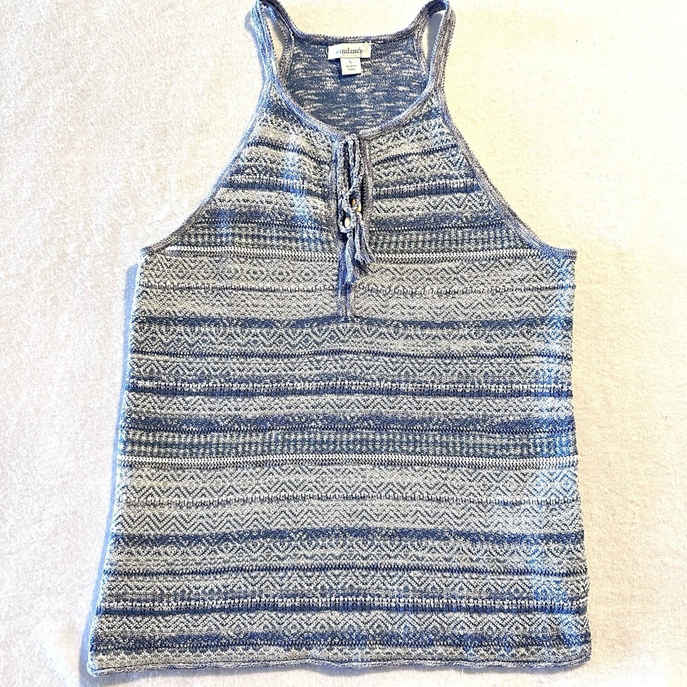 SUNDANCE S Small Milos Tank Top Sleeveless Knit‎ Keyhole Tassels Blue White